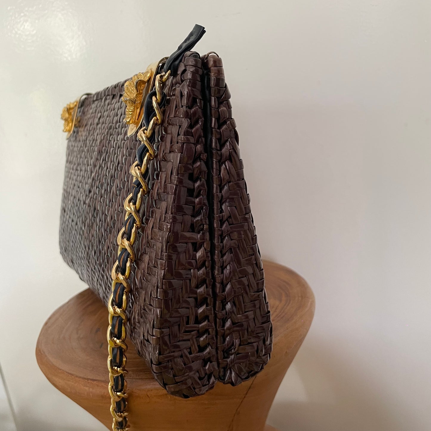 Vintage 1980s Brown Rattan Bag with Gold features