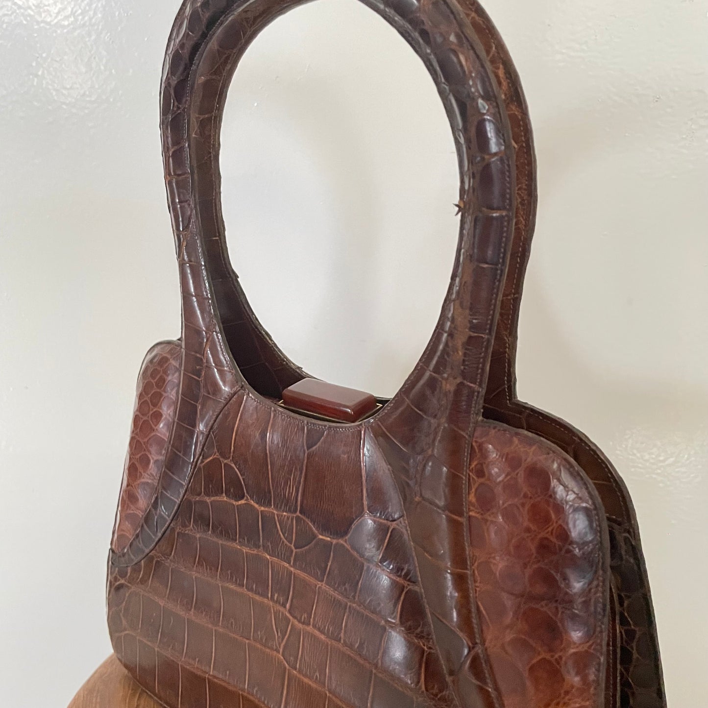 Vintage 40s Brown Crocodile Bag with Unique Round Handle