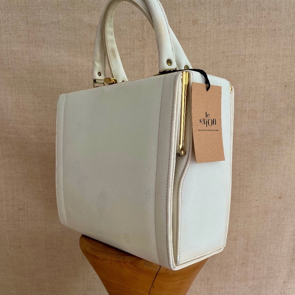1960s vintage Mod Boxy White Vegan Leather Double Frame Bag
