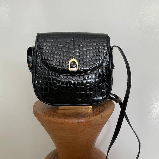 Vintage 1980s Black Patent Embossed leather bag from Italy