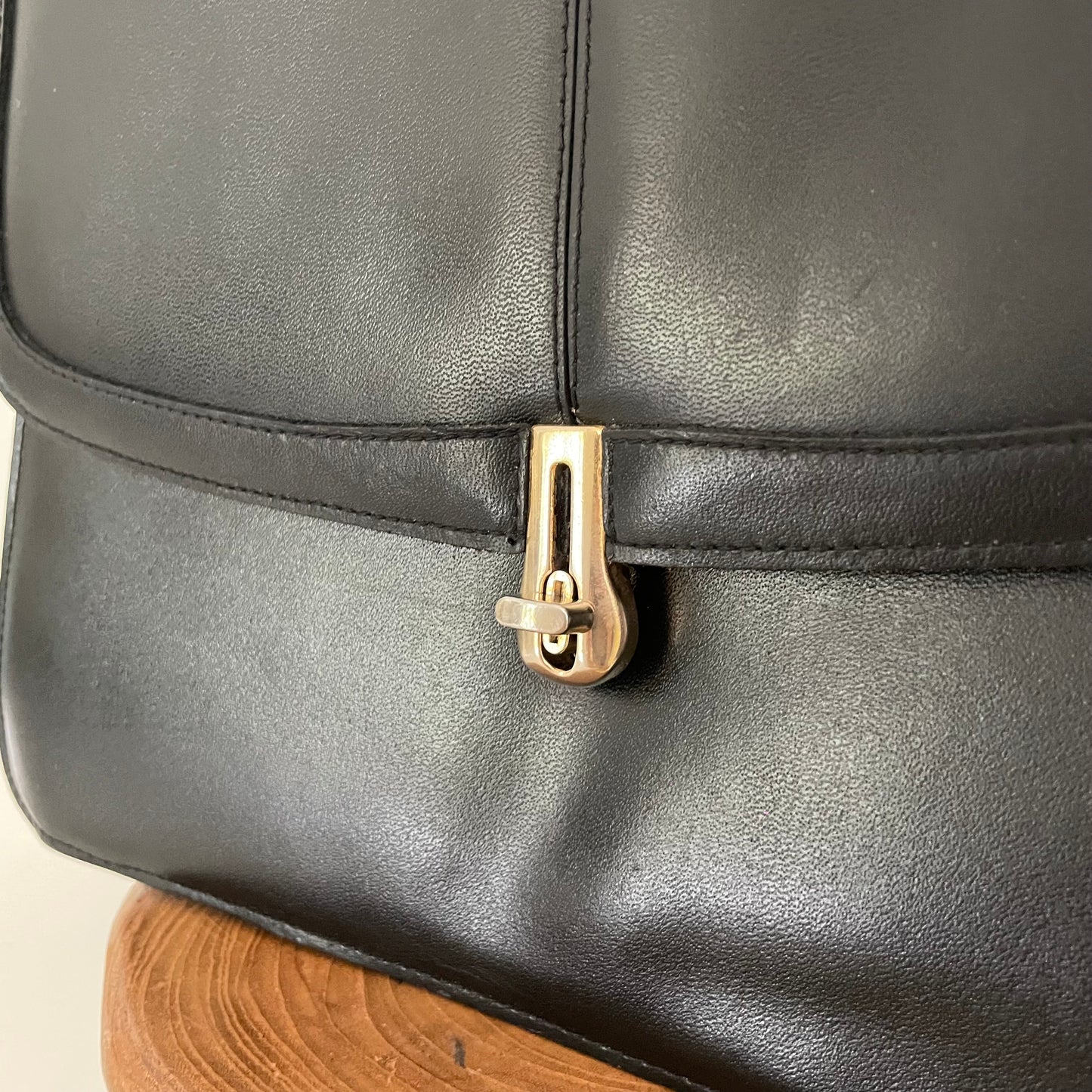 Vintage 1970s Large black leather bag with front clasp from England