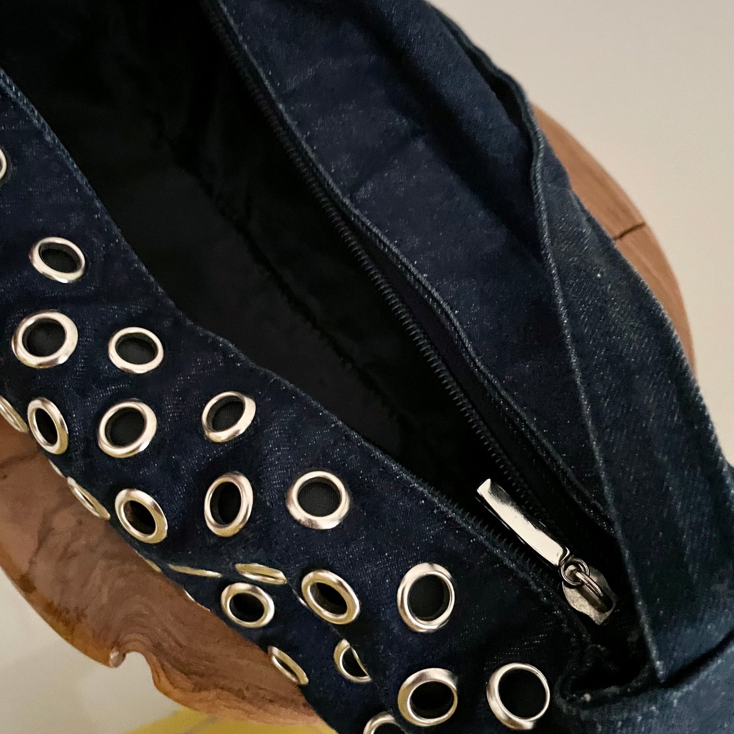 Vintage 1990s Denim Round Mini Handbag with Eyelets