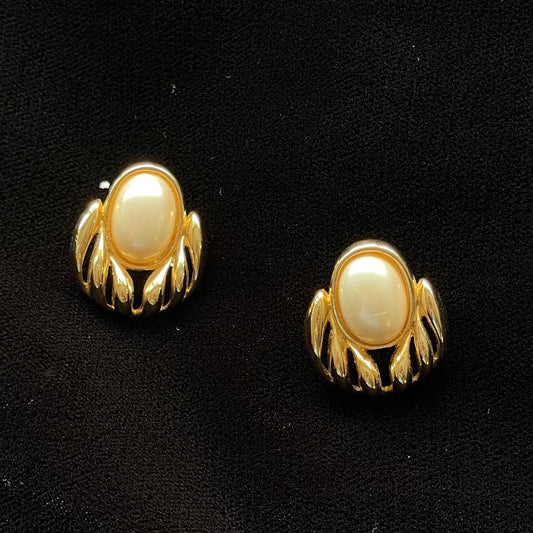 Vintage TRIFARI Warm Gold Tone Faux Pearl Earrings