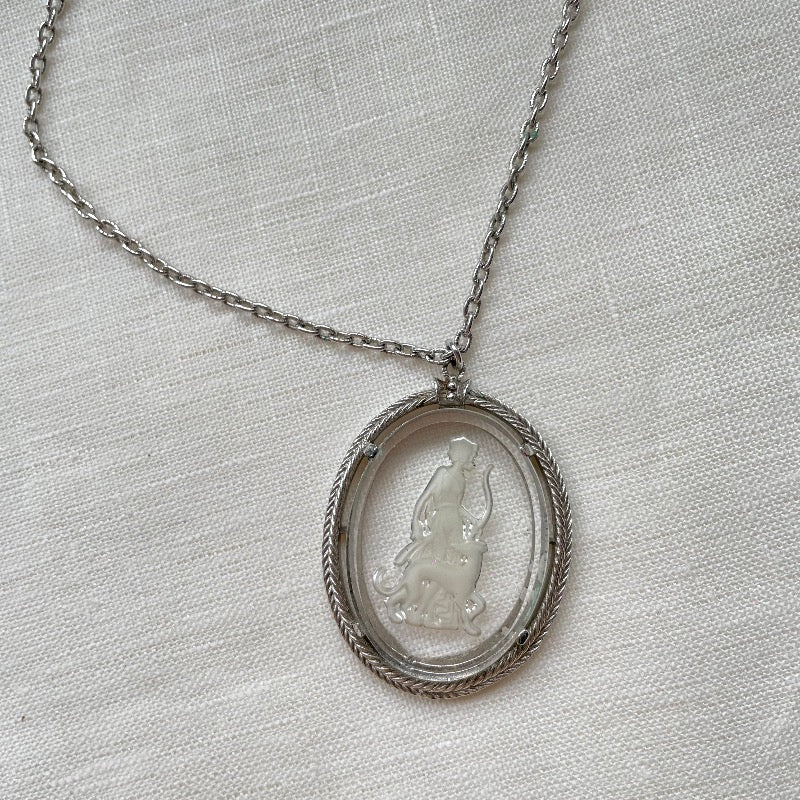 Vintage 70s Silver-tone Necklace with Etched Glass pendant