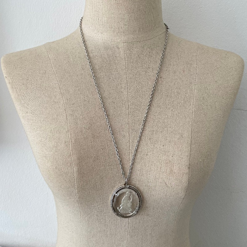 Vintage 70s Silver-tone Necklace with Etched Glass pendant