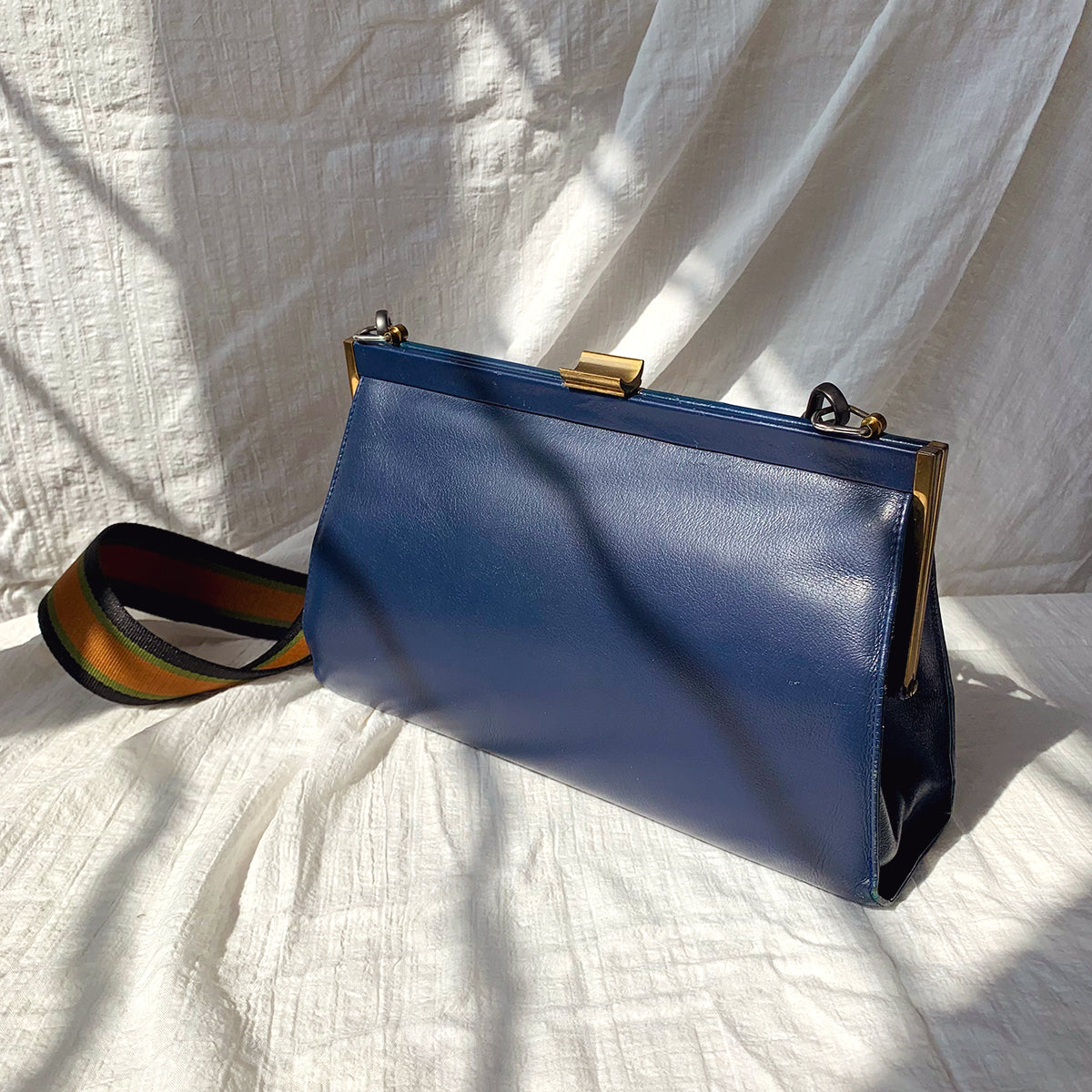 Vintage 60s Navy Leather Top Handle Bag With Brass Frame Closure