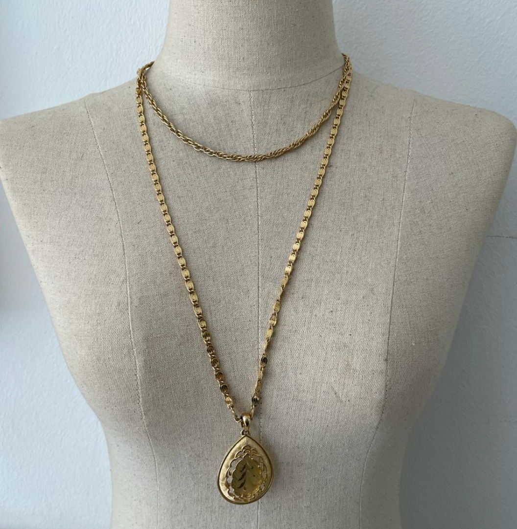 Vintage Teardrop Etched Pendant On Double Gold-Tone Long Chain